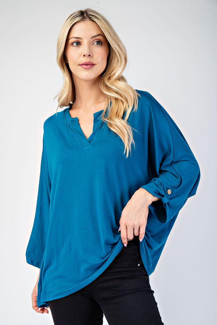 Celeste Notched Three-Quarter Sleeve Blouse In Teal