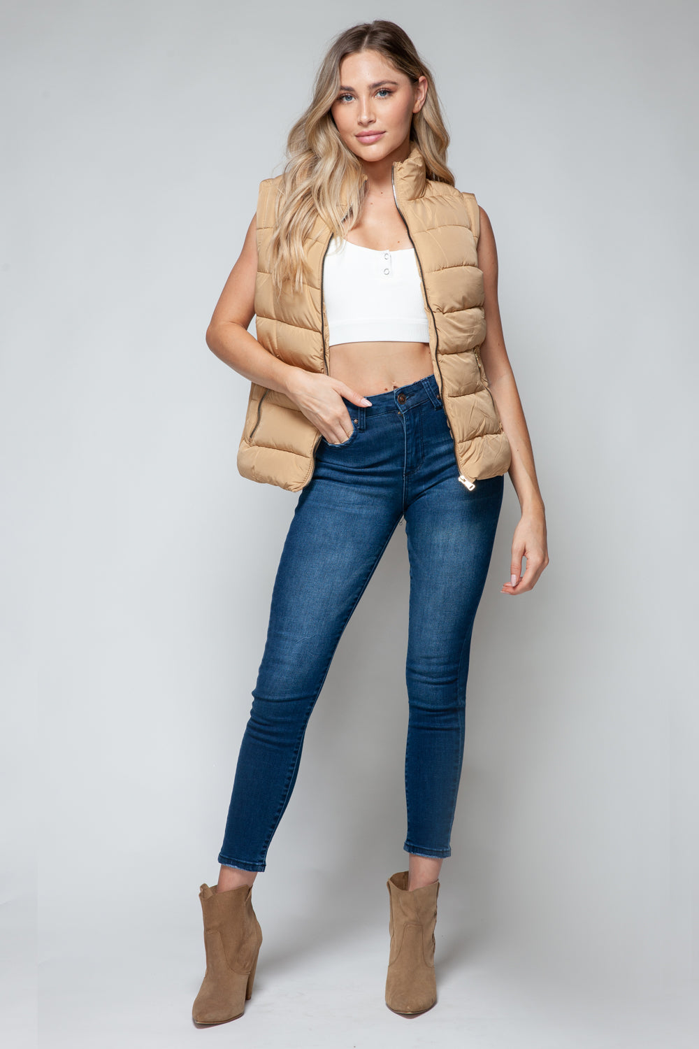 Snobbish Zip Up Turtleneck Vest with Pockets In Iced Coffee