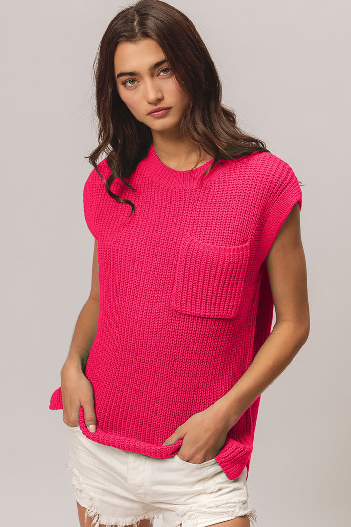 Patch Pocket Cap Sweater Top In Fuchsia