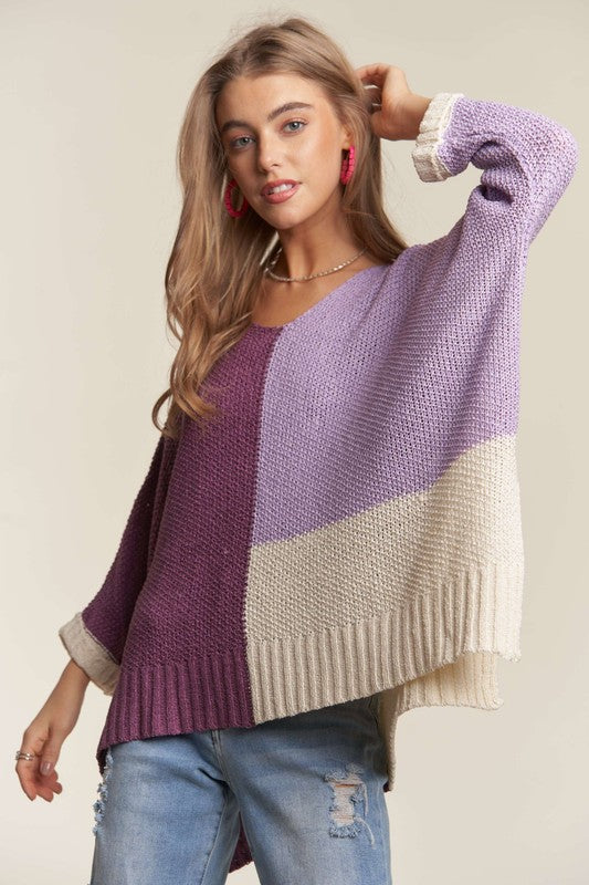 ADORA Side Slit Color Block Sweater In Deep Purple