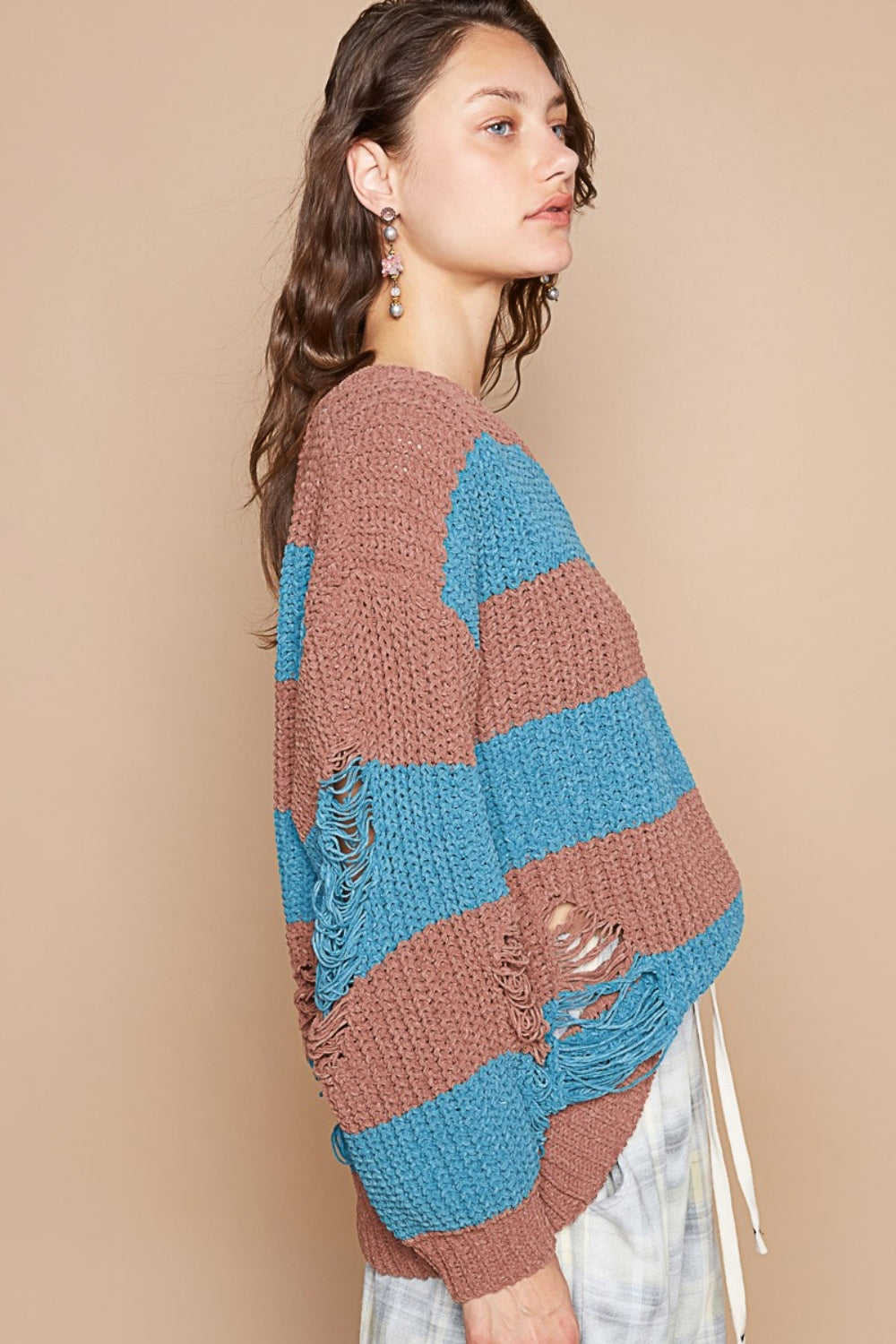 POL Striped Distressed Long Sleeve Sweater In Teal