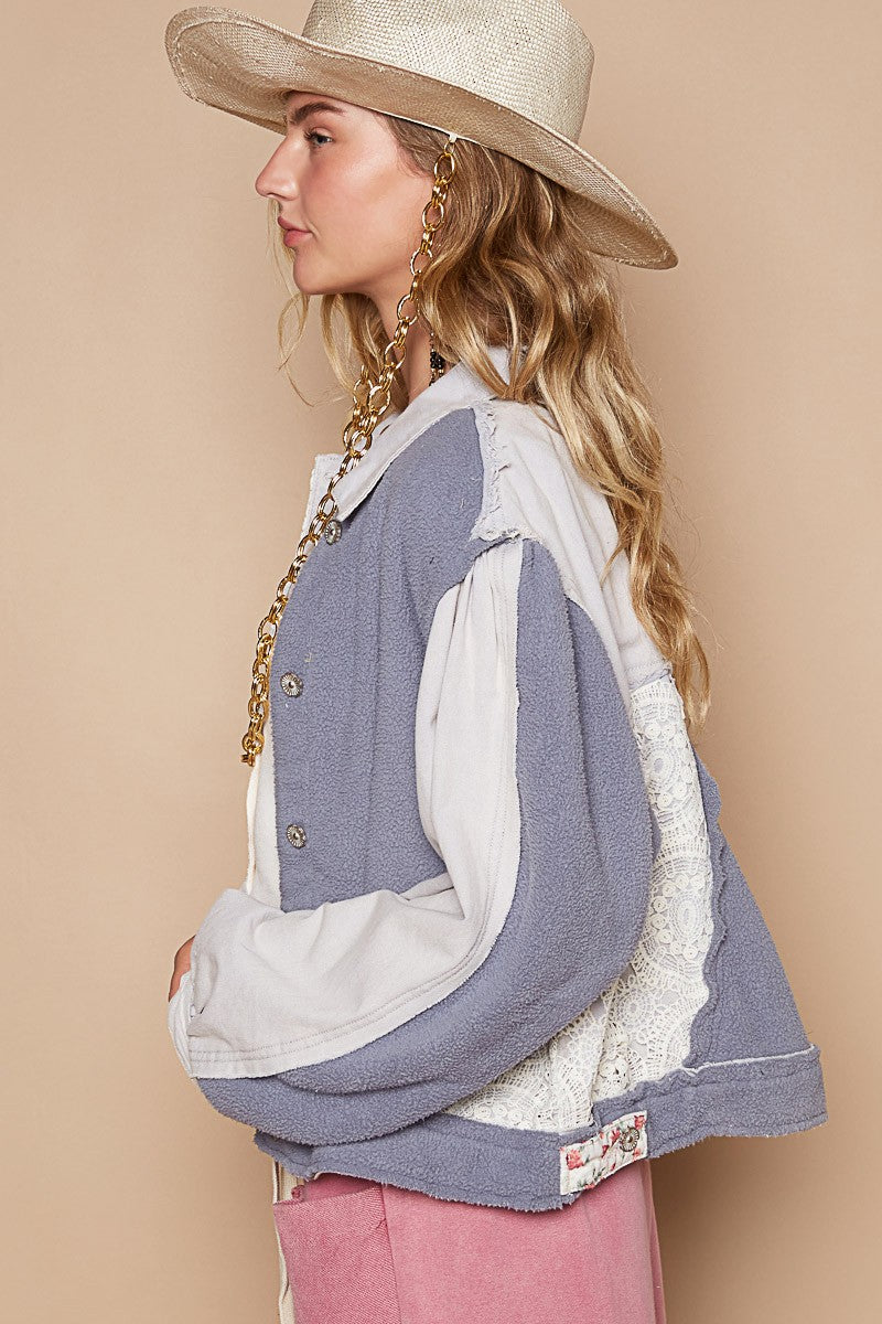 POL Crochet Patch Exposed Seam Button Up Jacket In Denim Blue