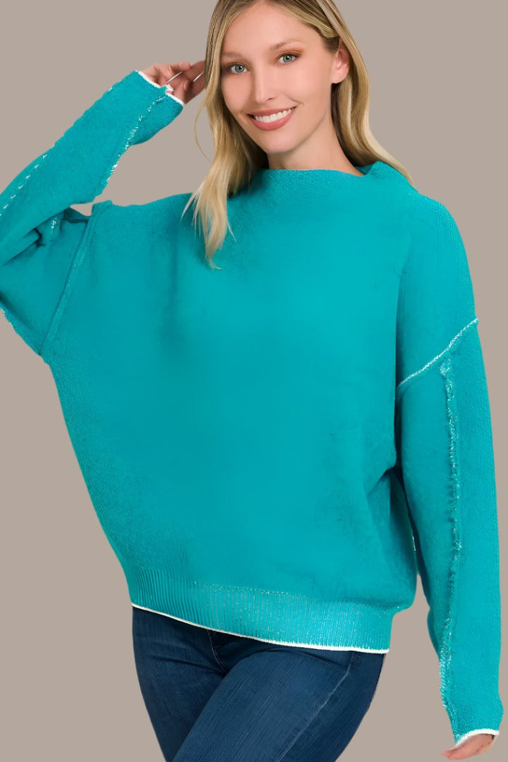 Zenana Exposed Seam Mock Neck Sweater In Teal