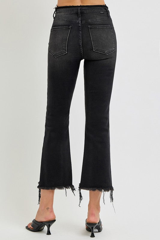 RISEN Raw Hem Cropped Flare Jeans In Black