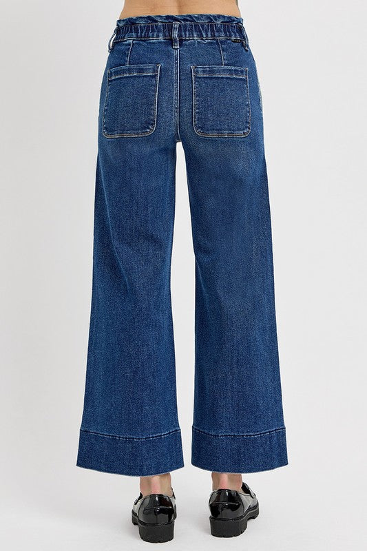 RISEN Elastic Band Wide Leg Jeans In Dark Wash