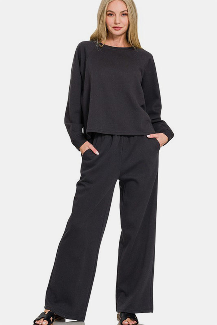 Zenana Raglan Sleeve Top and Pants Set In Black