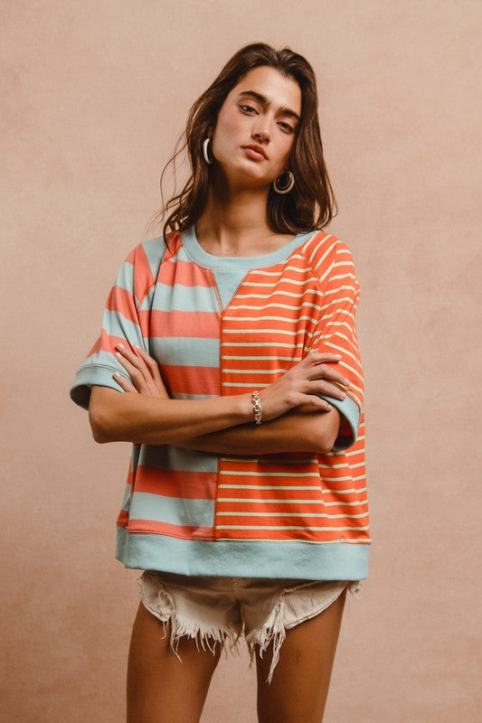 BiBi Striped French Terry Top In Coral