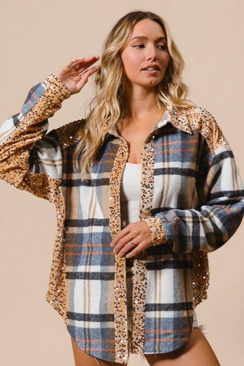 BiBi Curved Hem Sequin Plaid Button Up Shacket In Latte