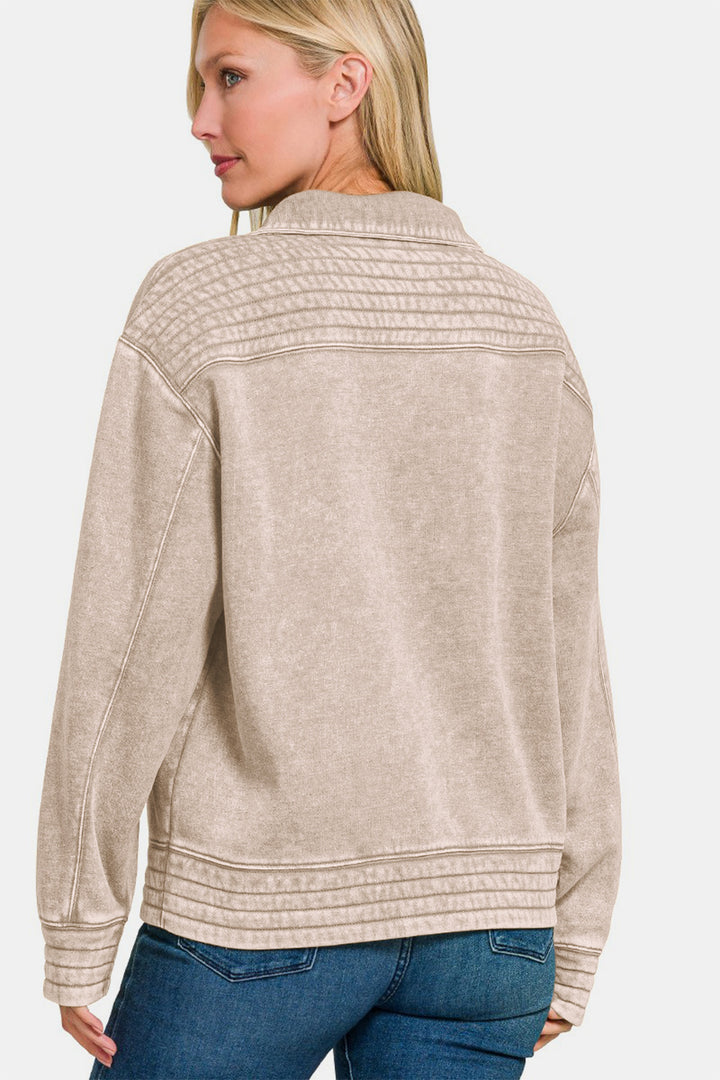 Zenana Acid Washed Half Snap Fleece Sweatshirt In Ash Mocha