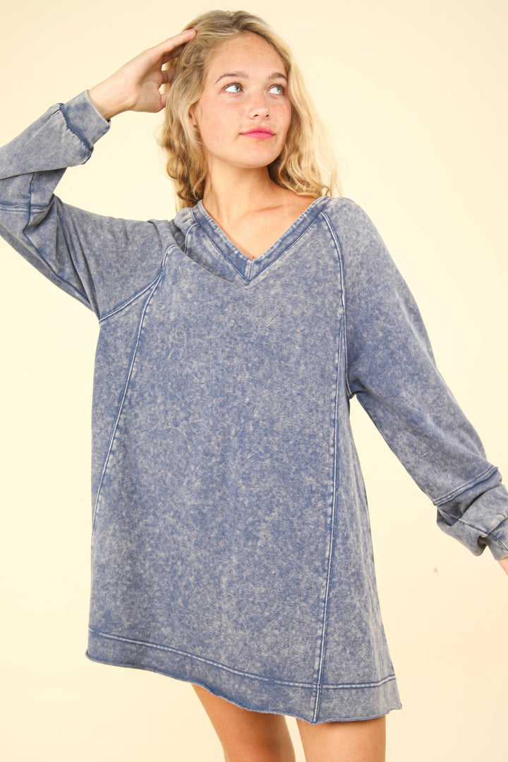 VERY J Mineral Washed Oversized A-Line Mini Dress In Denim