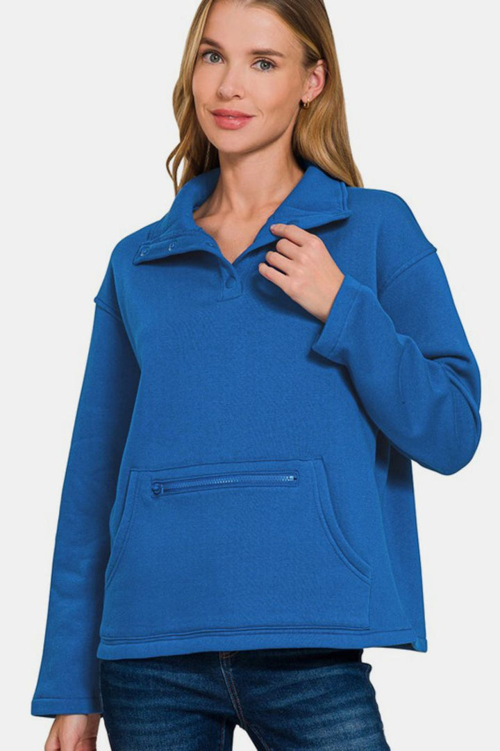 Zenana Turtleneck Half Snap Fleece Sweatshirt In Royal