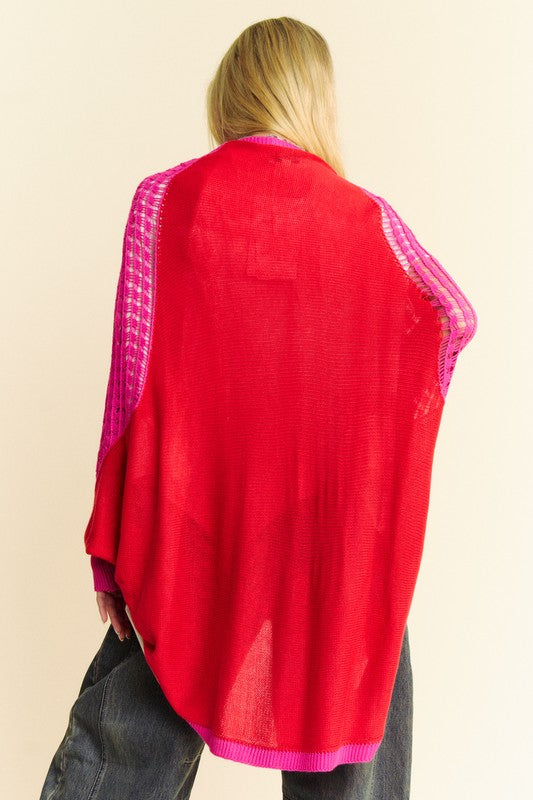 Davi & Dani Openwork Contrast Cardigan In Red