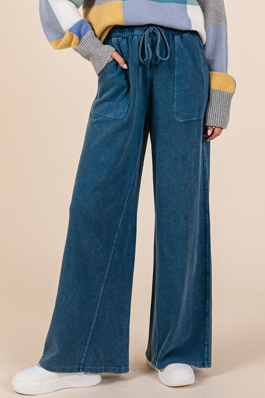 Mittoshop Mineral Wash Drawstring Wide Leg Pants In Dark Blue