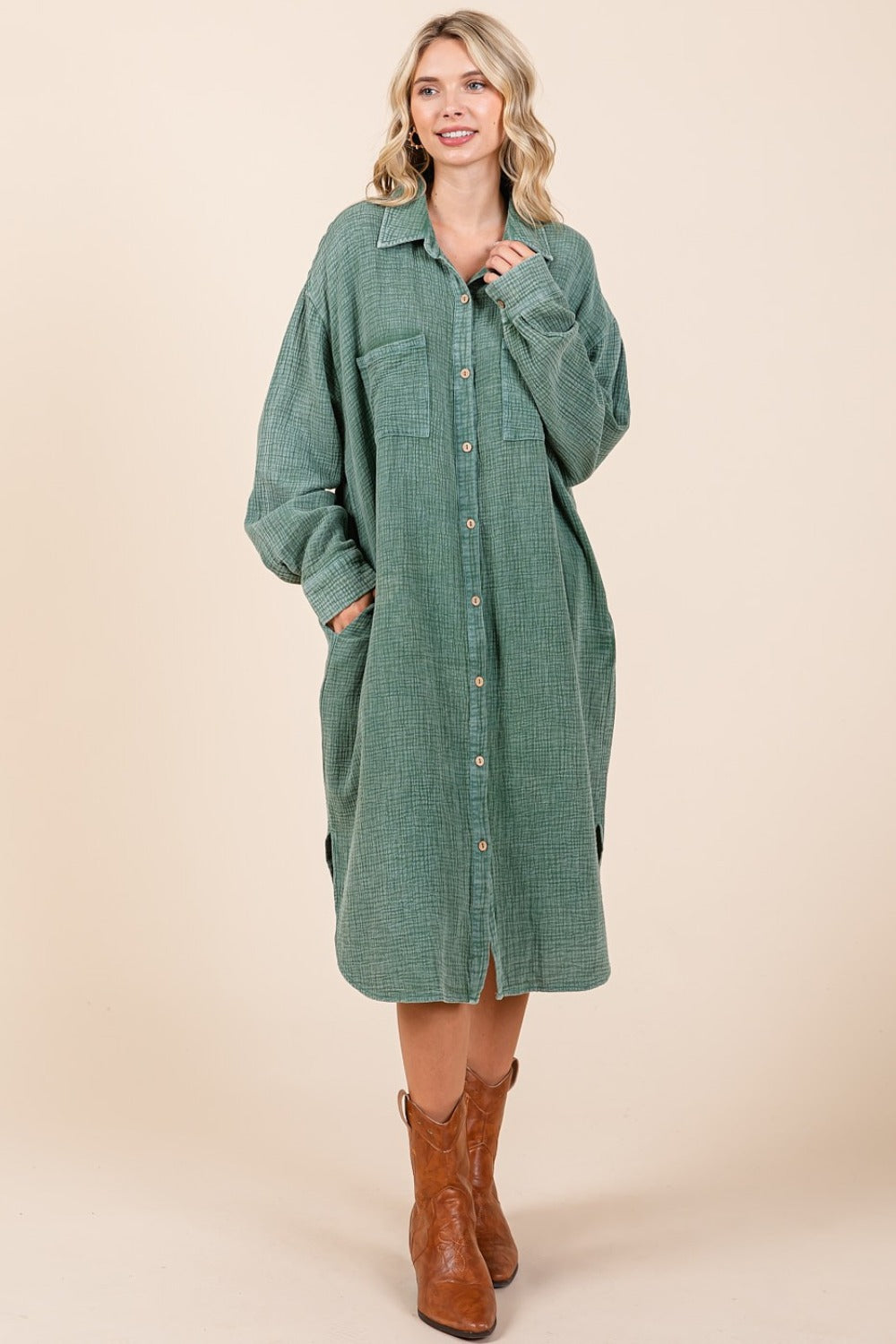 Mittoshop Mineral Wash Cotton Gauze Midi Shirt Dress In Pine