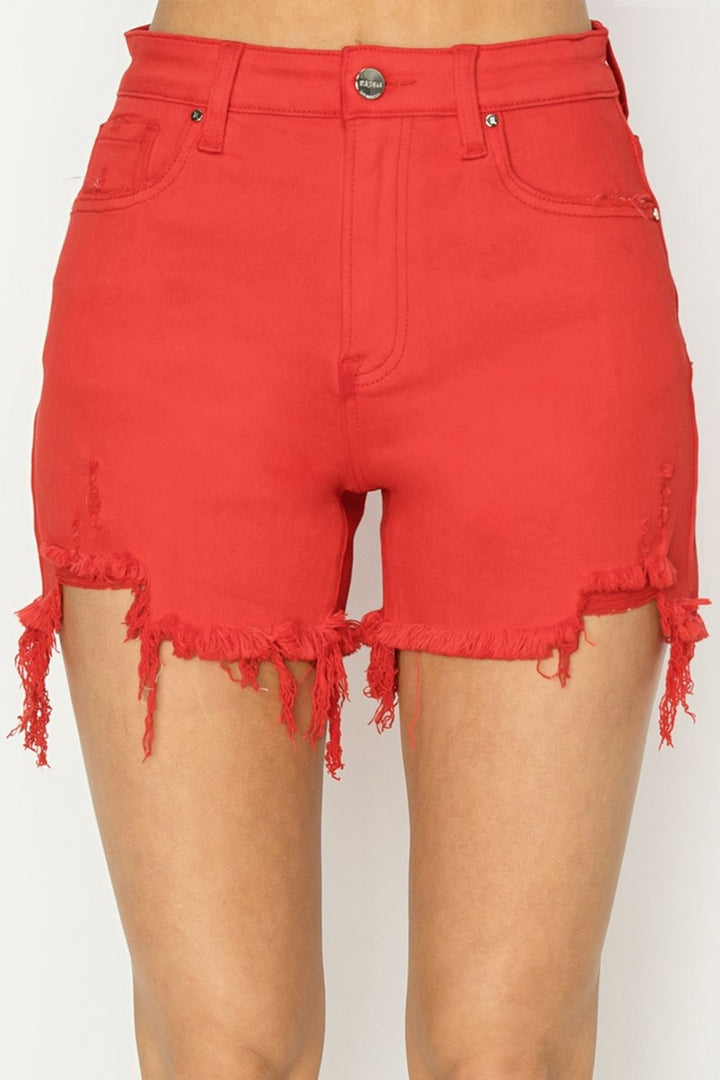 RISEN Fiesta Fire High Rise Distressed Denim Shorts