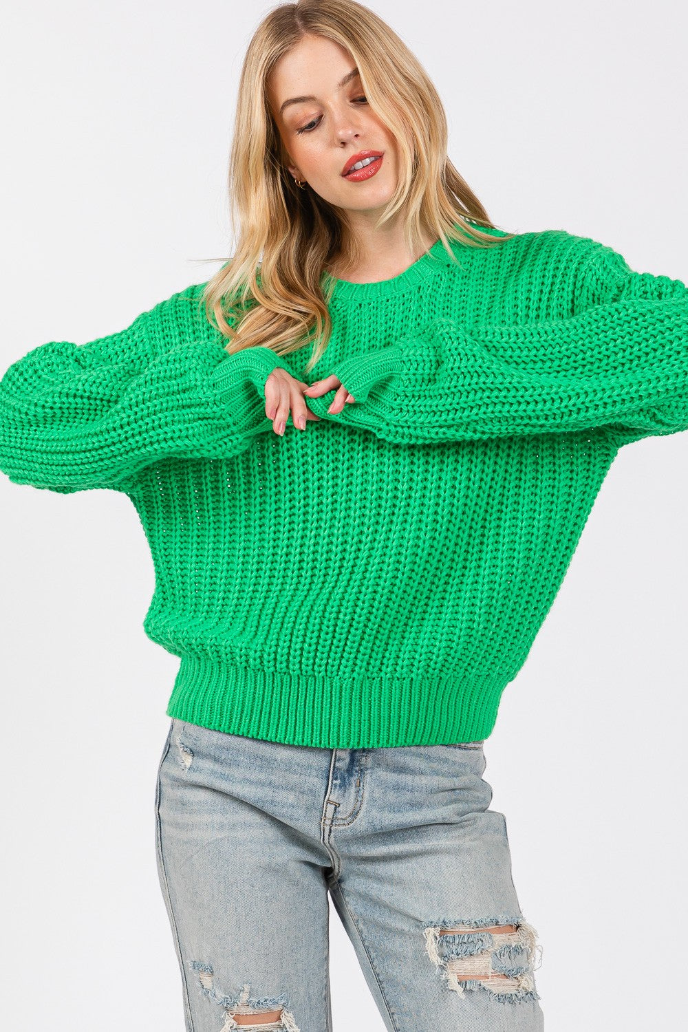 SAGE + FIG Round Neck Drop Shoulder Sweater In Green