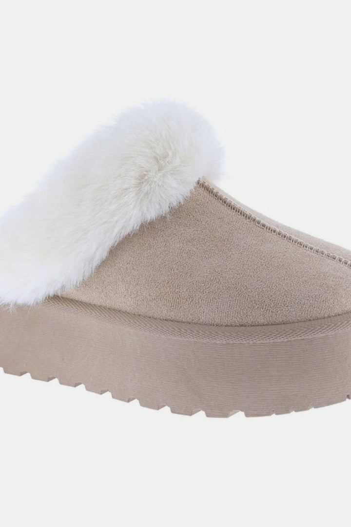 Thick Bottom Fur Trim Snow Slippers In Taupe