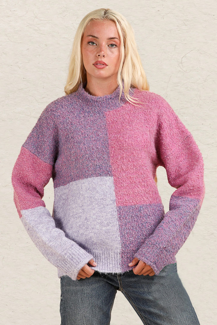 VERY J Color Block Mock Neck Drop Shoulder Sweater In Purple