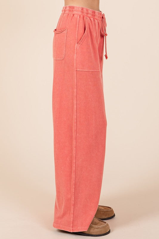 Mittoshop Mineral Wash Drawstring Wide Leg Pants In Red