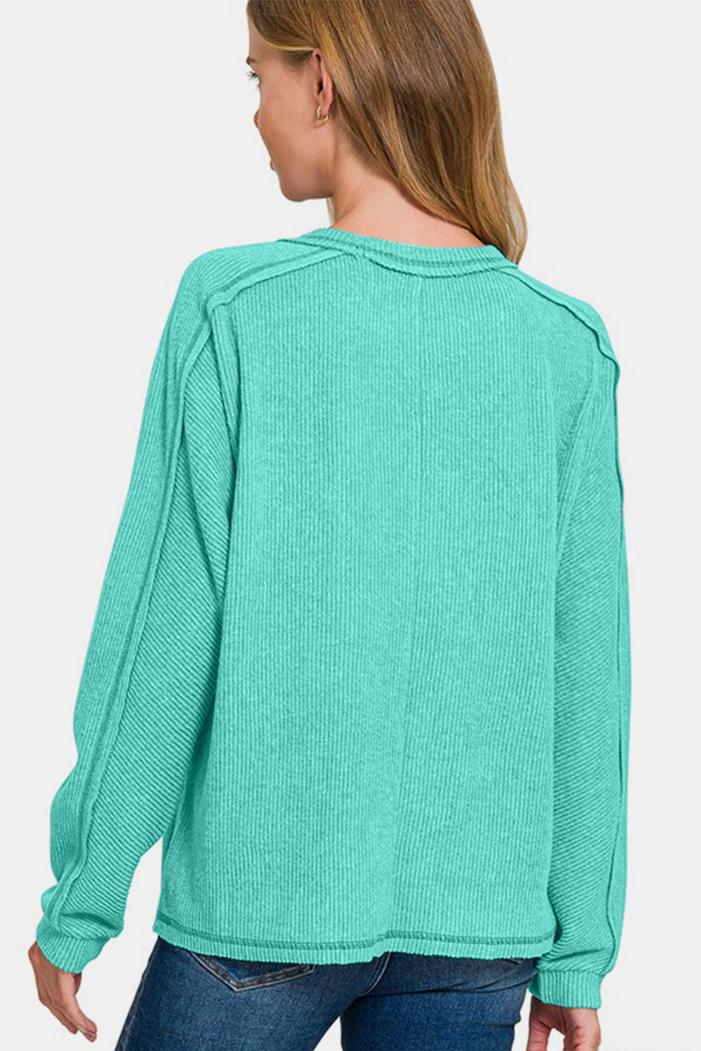 Zenana Brushed Ribbed Hacci Knit Top In Turquoise