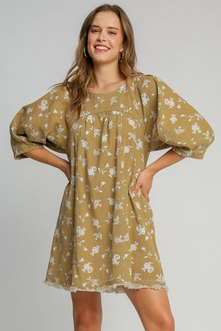 Umgee Raw Hem Floral Print Denim Dress In Mocha