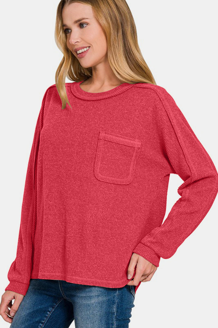 Zenana Brushed Ribbed Hacci Knit Top in Red