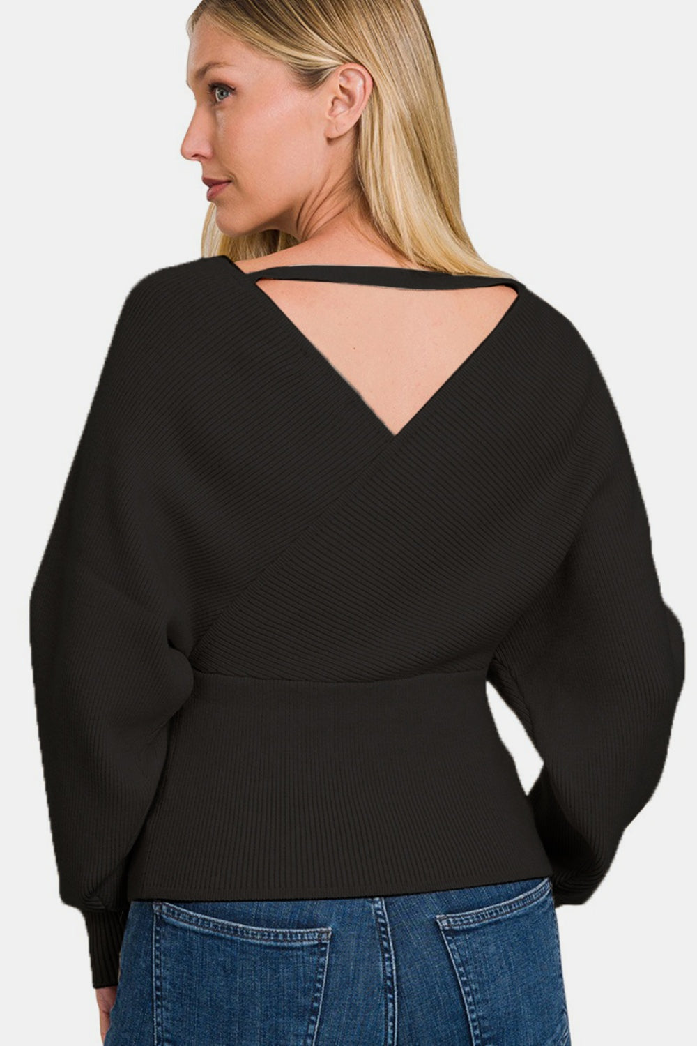 Zenana Cross Wrap Rib Sweater In Black