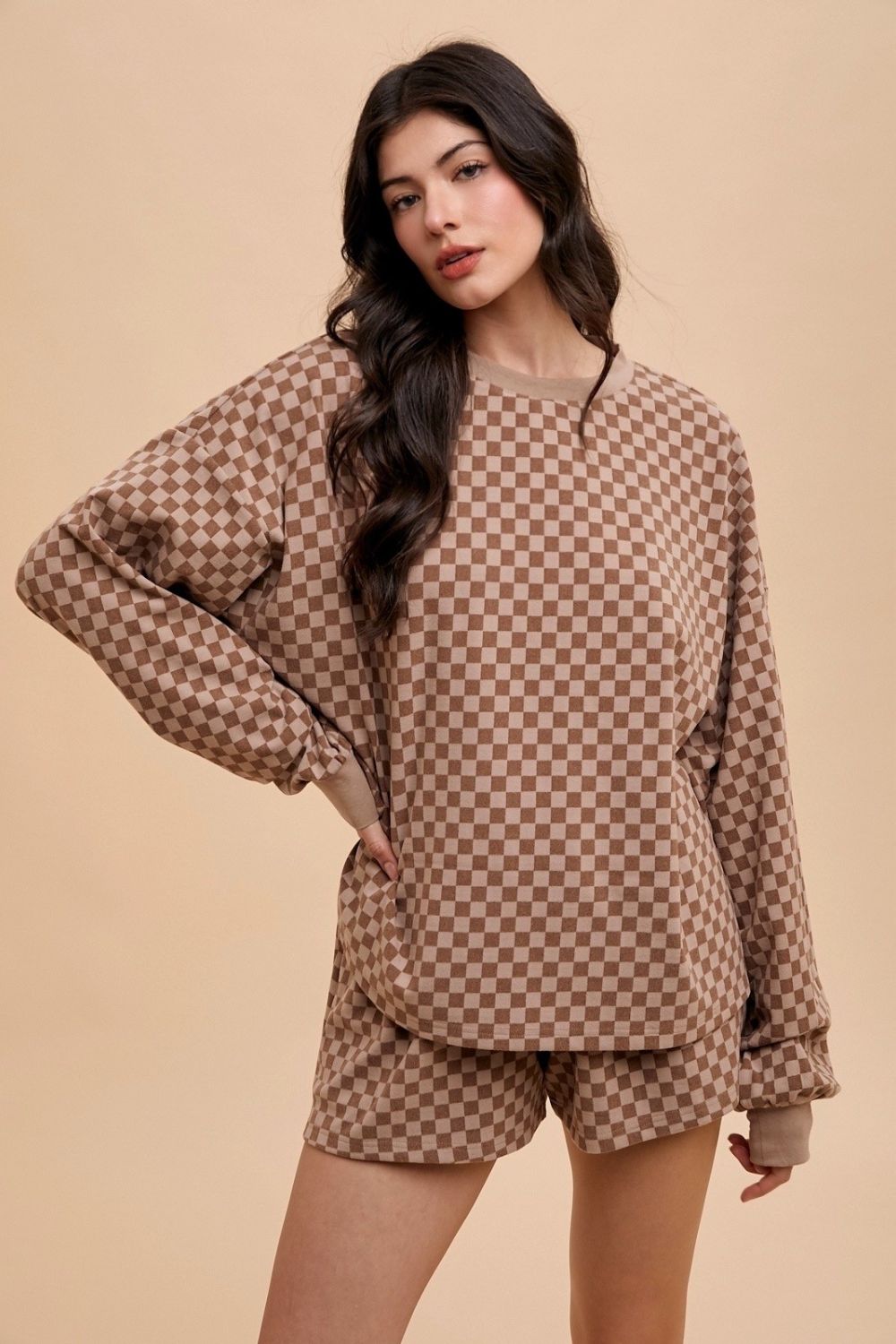 Annie Wear Checkered Top and Drawstring Shorts Set In Mocha