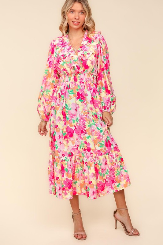 Haptics Floral Surplice Balloon Sleeve Dress with Side Pockets In Multi