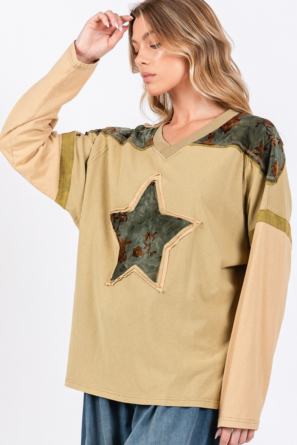 SAGE + FIG Star Patch Long Sleeve Color Block Top In Olive