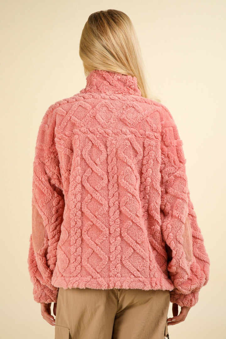 VERY J Fuzzy Fleece Half Zip Cable Pattern Sweatshirt In Blush