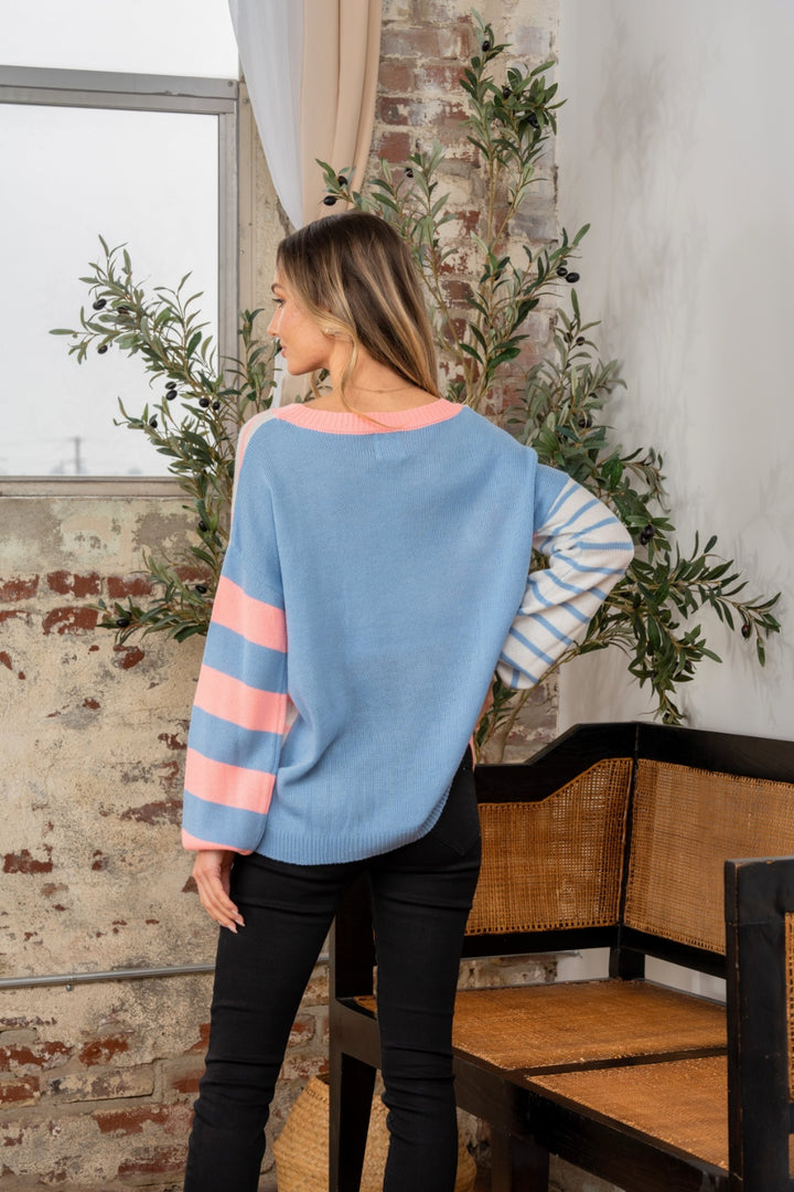 Sew In Love Striped Sweater In Coral Denim