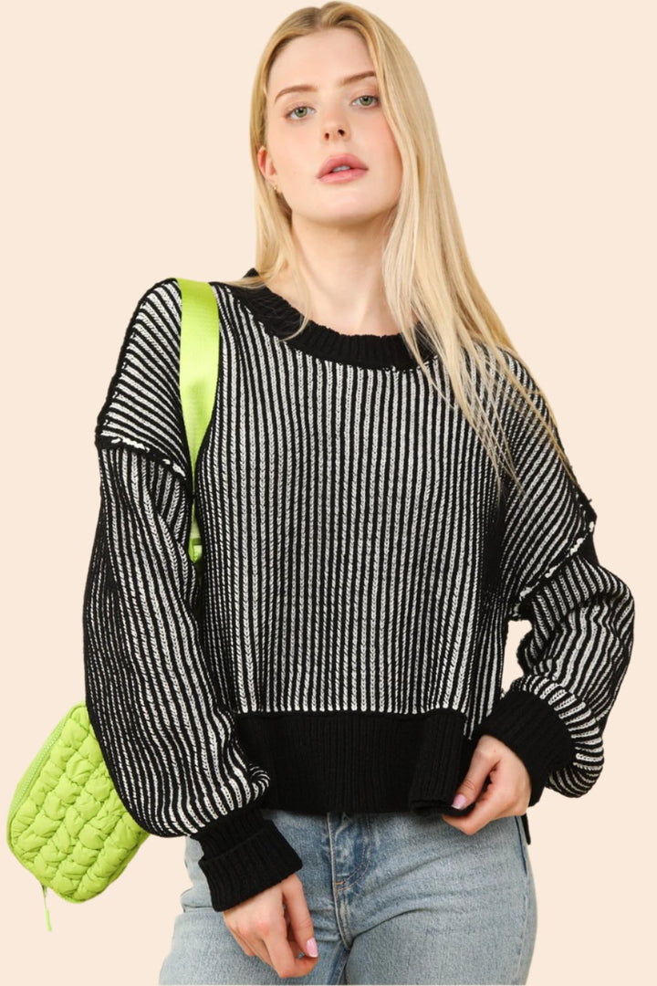 VERY J Exposed Seam Cropped Striped Slit Sweater In Black