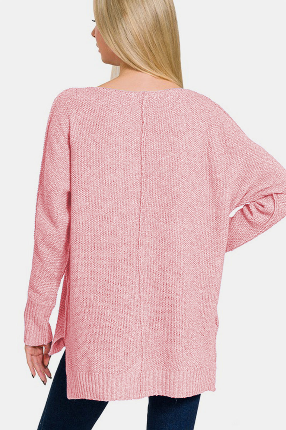 Zenana High-Low V-Neck Sweater In Dusty Pink