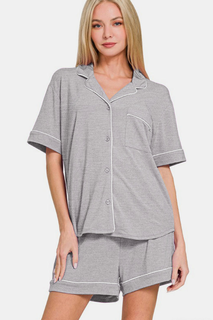 Zenana Button Down Top and Shorts Lounge Set In Light Gray