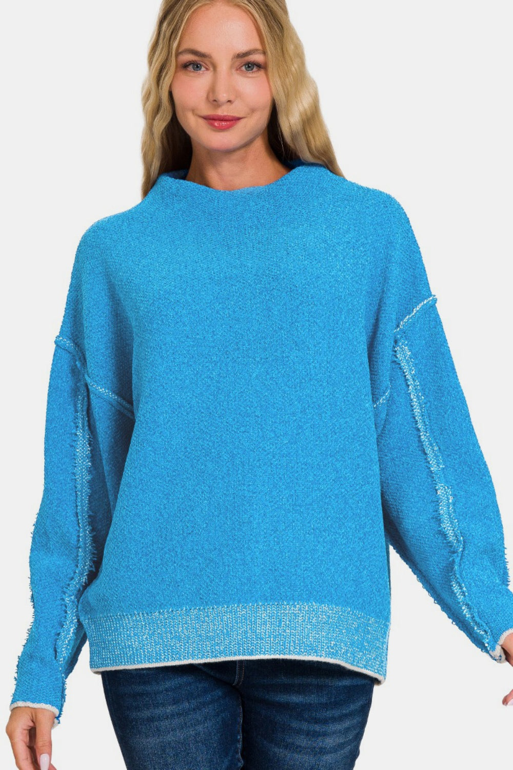 Zenana Exposed Seam Mock Neck Sweater In Deep Sky