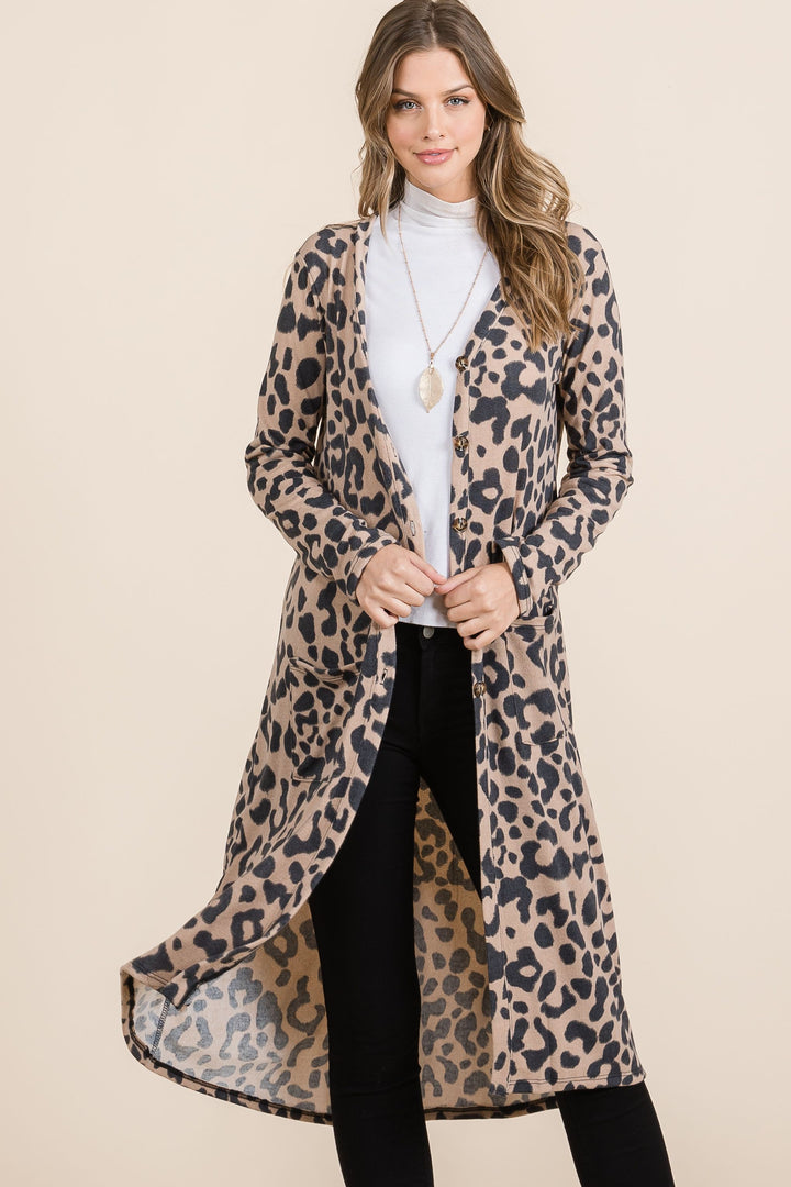 Celeste Leopard V-Neck Cardigan In Mocha