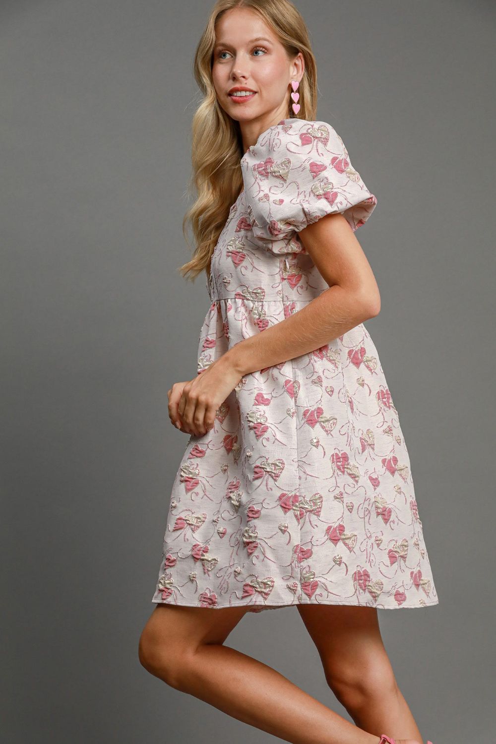 Umgee Heart Jacquard Puff Sleeve Mini Dress In Pink