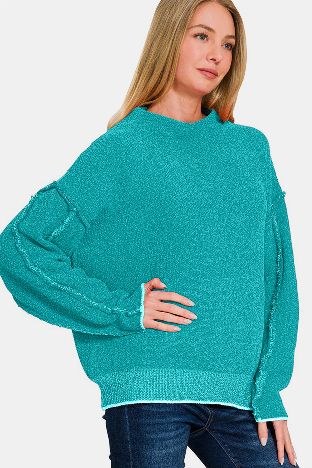 Zenana Exposed Seam Mock Neck Sweater In Teal