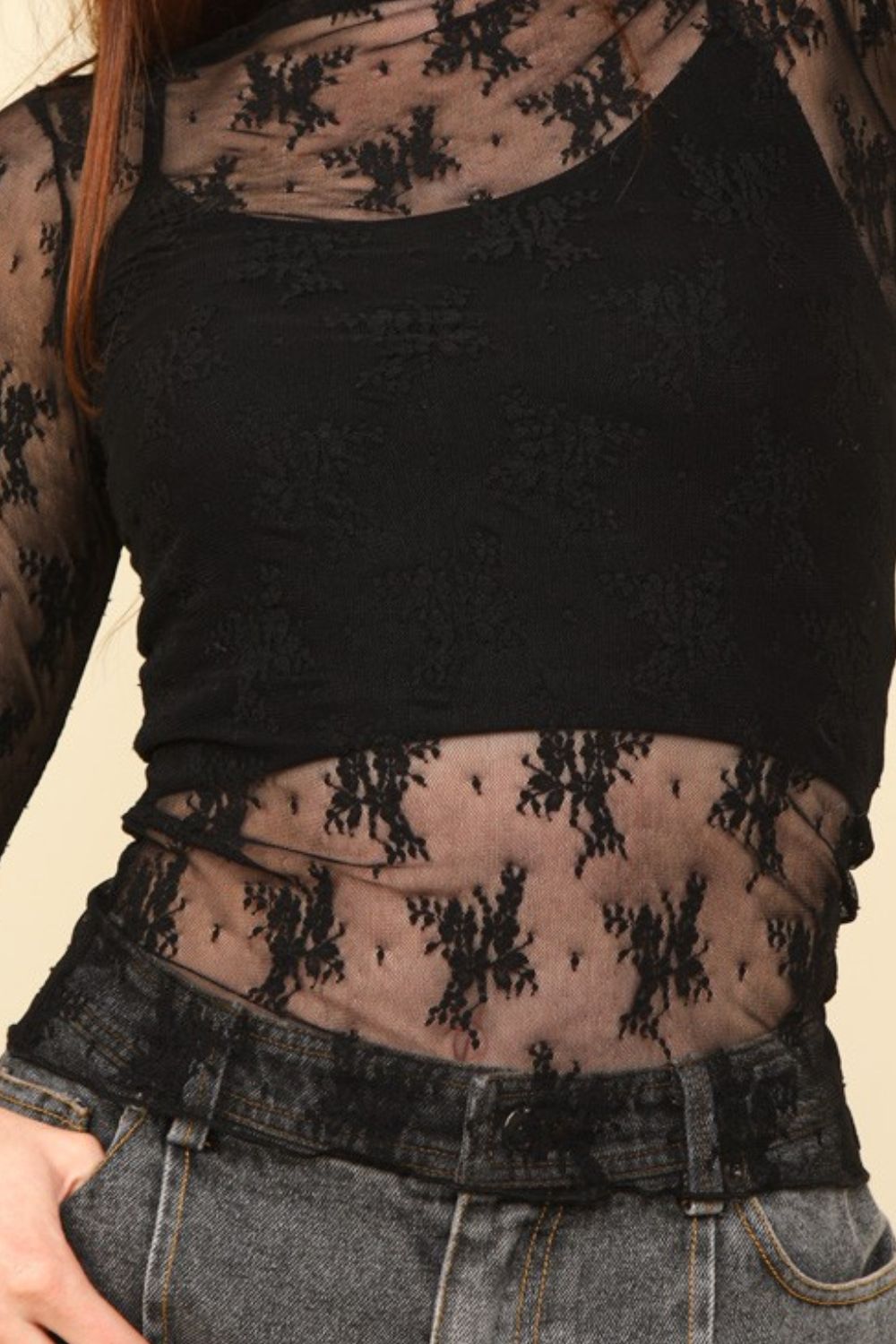 VERY J Mock Neck Fitted Sheer Mesh Lace Blouse In Black