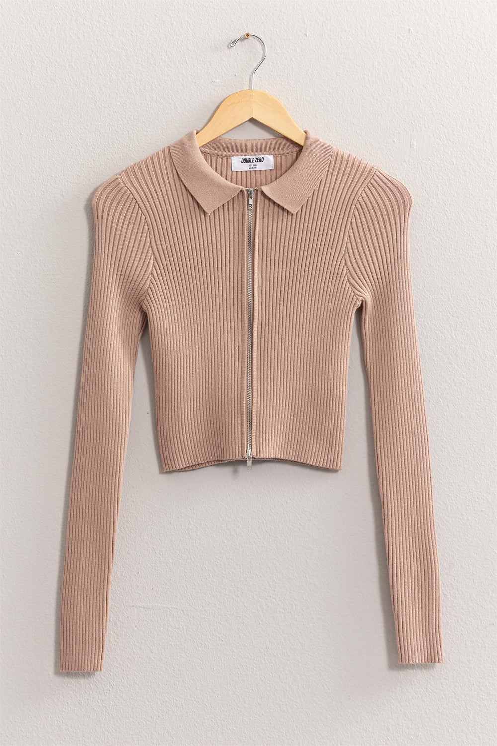 HYFVE Ribbed Double Zip Cropped Cardigan In Taupe