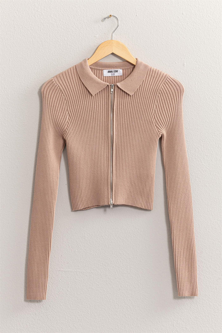 HYFVE Ribbed Double Zip Cropped Cardigan In Taupe