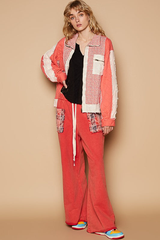 POL Floral Patchwork Zip Up Jacket In Coral