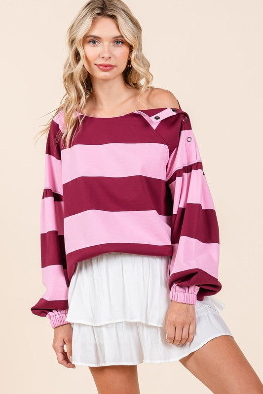 Mittoshop Striped Snap Shoulder Long Top In Pink