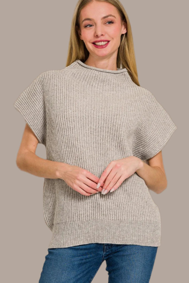 Zenana Short Sleeve Mock Neck Sweater In H Mocha