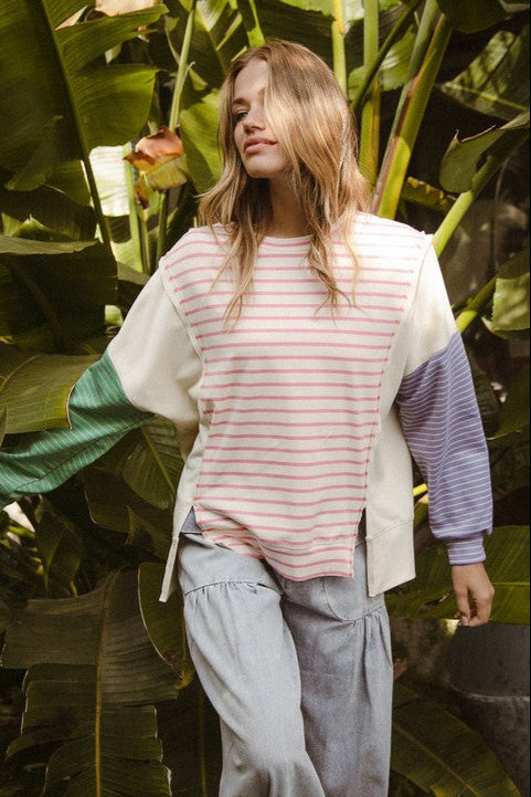 BiBi Exposed Seam Slit Striped Top In Pink