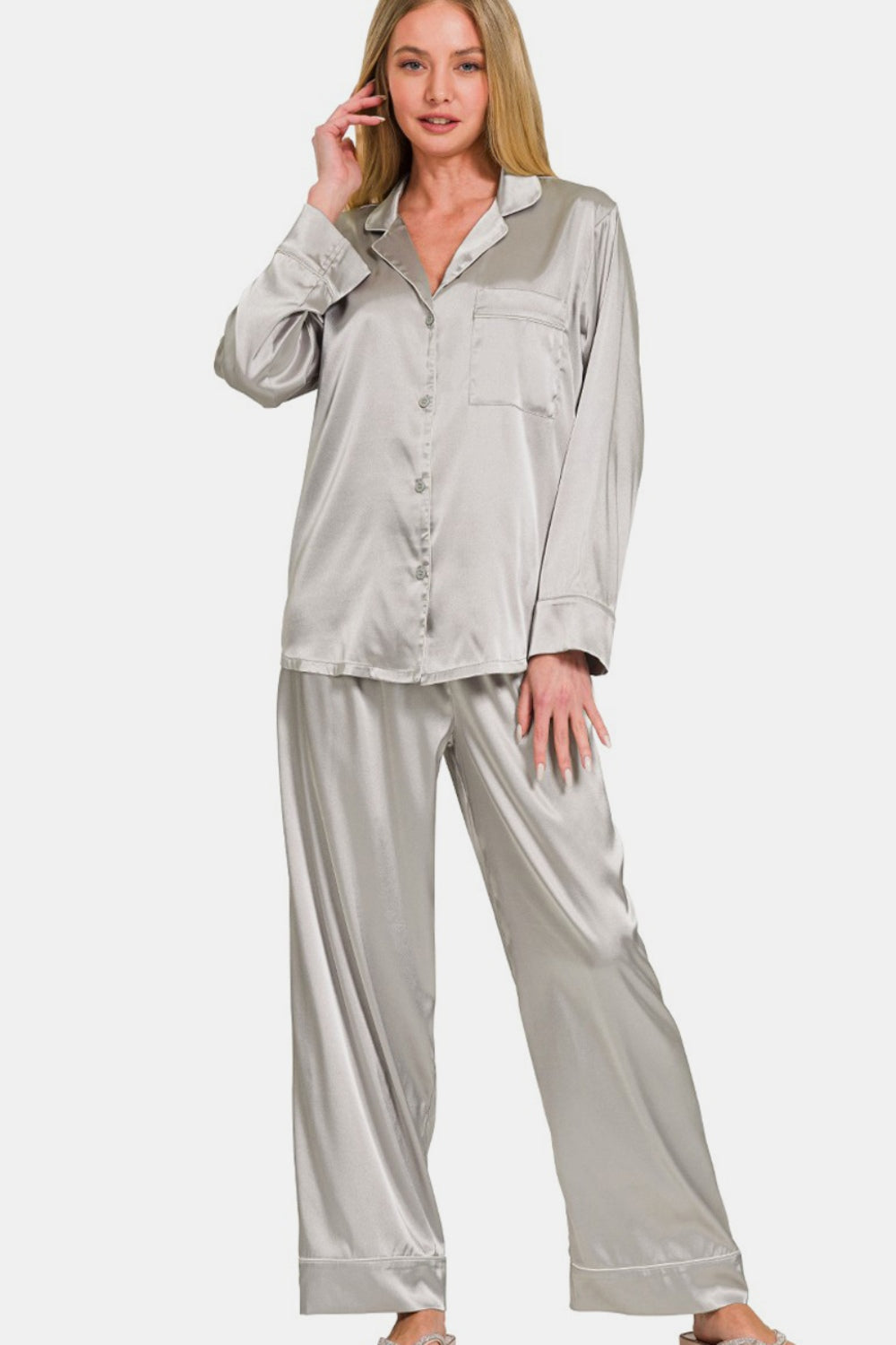 Zenana Satin Shirt and Pants Pajama Set In Silver