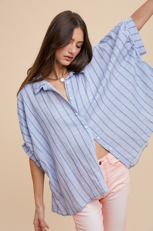 Annie Wear Striped Button Up Half Sleeve Shirt In Lt Blue