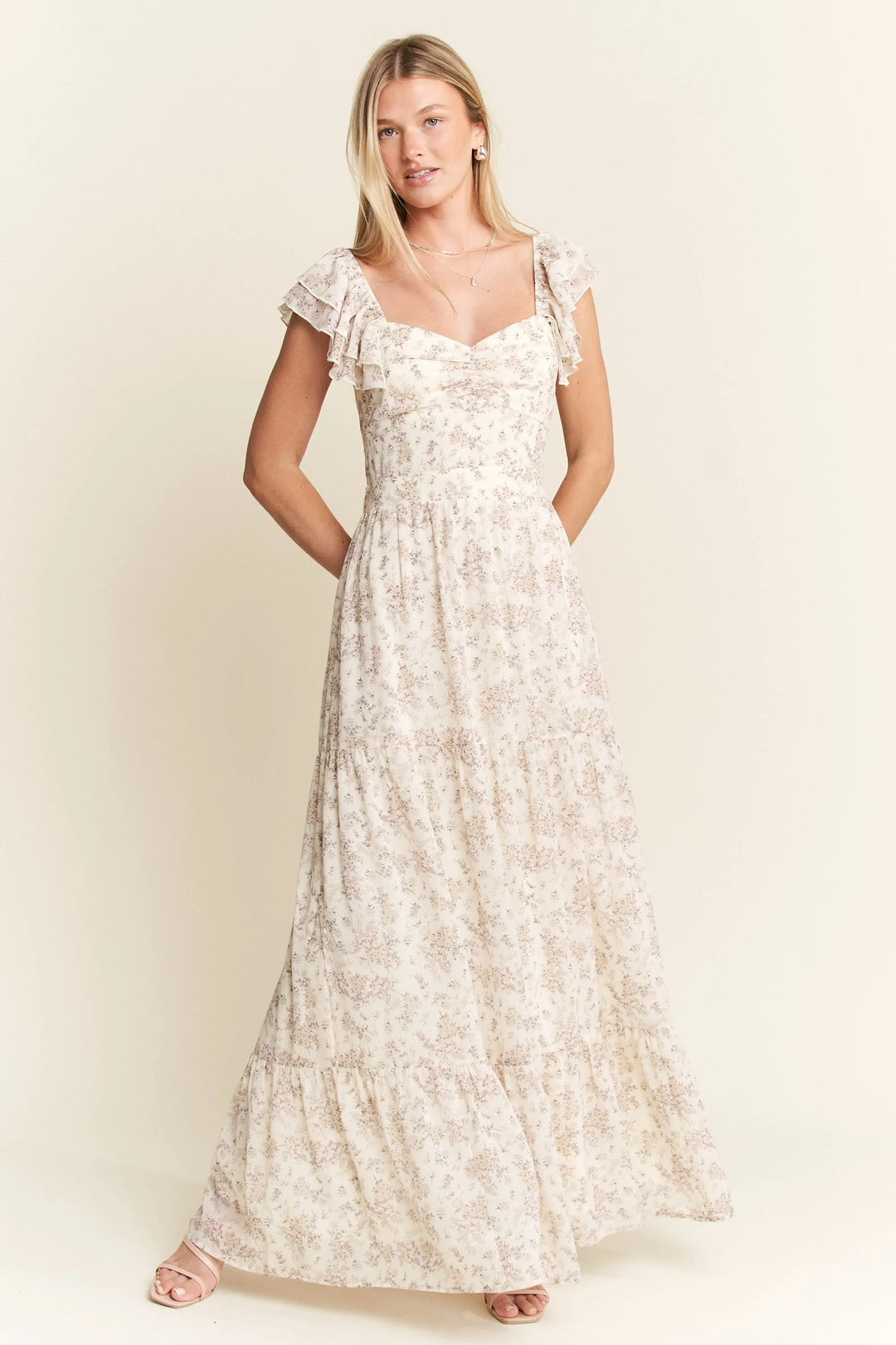 Jade By Jane Ruffle Sleeve Tiered Maxi Dress In Ivory
