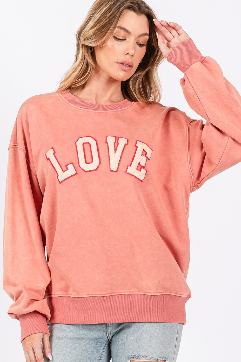 SAGE + FIG LOVE Path Applique Drop Shoulder Sweatshirt In Pink Orange